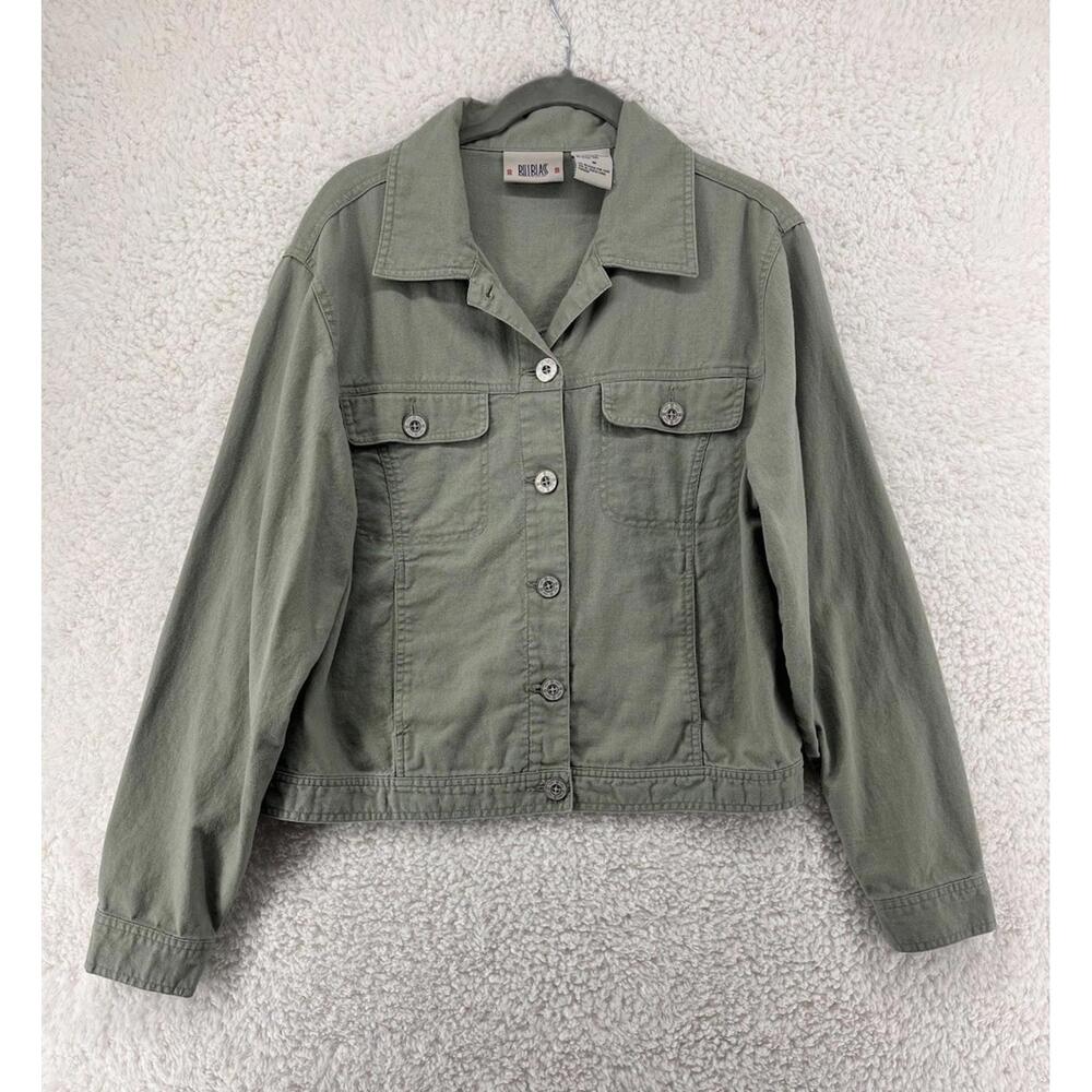 Bill Blass Linen Blend Trucker Jacket Womens Sz M VTG Green Coastal Button Front